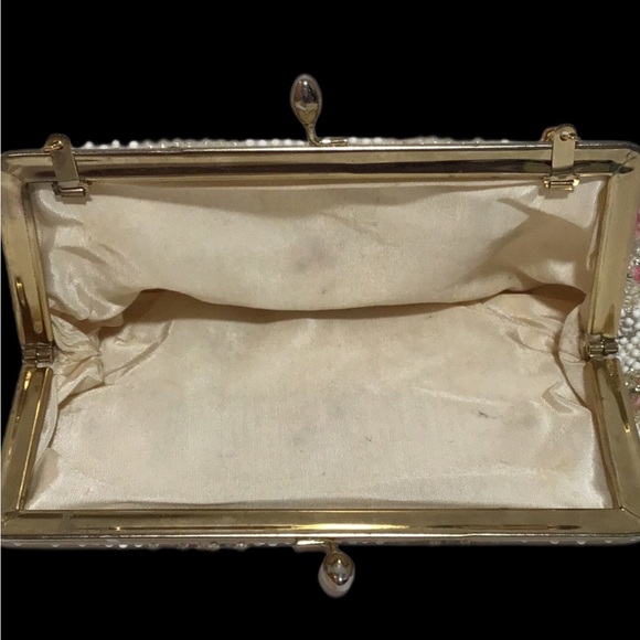 Vintage Frame Beaded Evening Bag, Ivory, Clear, Pink, Green Beading, Kiss Clasp - Picture 11 of 11